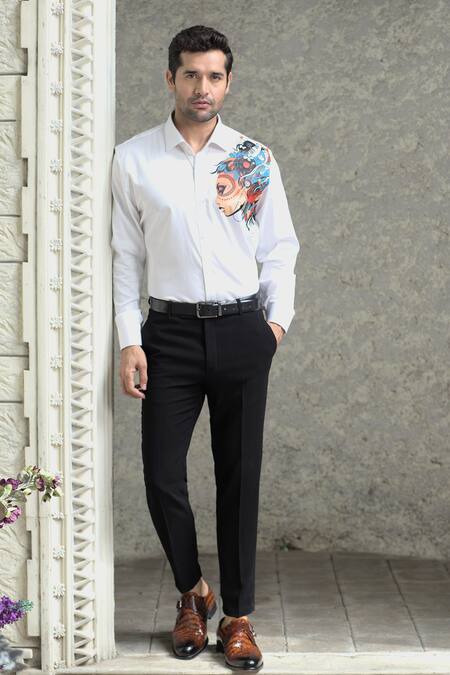 Courtyard By Abhi White Cotton, Lycra Figurine Handpainted Shirt With Trouser 