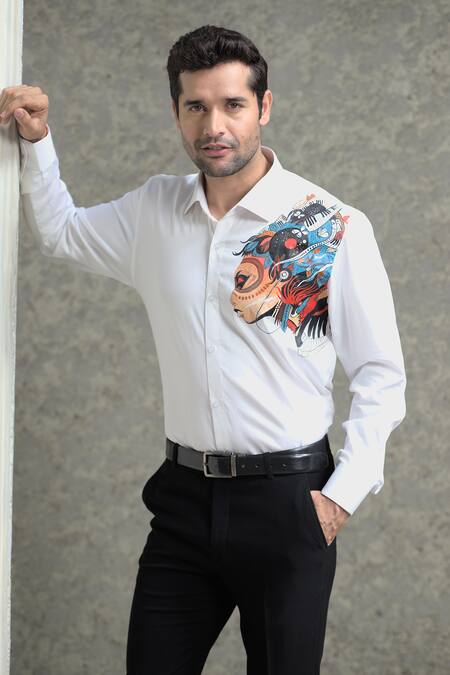 Shop Courtyard By Abhi White Cotton, Lycra Figurine Handpainted Shirt With Trouser at Aza Fashions Shop_Courtyard By Abhi_White Cotton, Lycra Figurine Handpainted Shirt With Trouser _at_Aza_Fashions