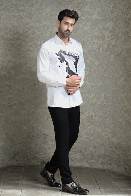 Courtyard By Abhi White Cotton, Lycra Horse Handpainted Shirt With Trouser 