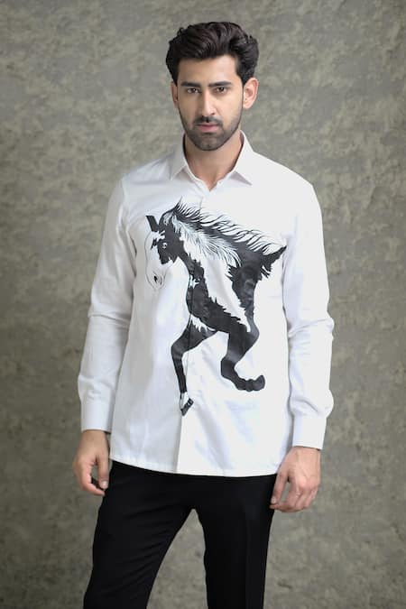 Shop Courtyard By Abhi White Cotton, Lycra Horse Handpainted Shirt With Trouser at Aza Fashions Shop_Courtyard By Abhi_White Cotton, Lycra Horse Handpainted Shirt With Trouser _at_Aza_Fashions