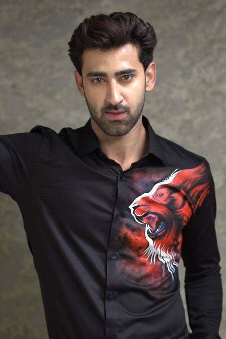 Shop_Courtyard By Abhi_Black Cotton, Lycra Wolf Handpainted Shirt With Trouser _Online_at_Aza_Fashions