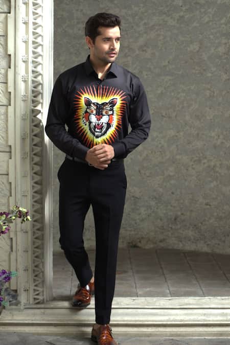 Shop_Courtyard By Abhi_Black Cotton, Lycra Lion Pattern Shirt With Trouser _at_Aza_Fashions