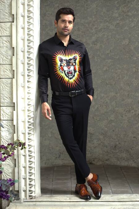 Courtyard By Abhi_Black Cotton, Lycra Lion Pattern Shirt With Trouser _Online_at_Aza_Fashions