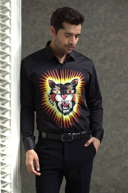 Shop_Courtyard By Abhi_Black Cotton, Lycra Lion Pattern Shirt With Trouser _Online_at_Aza_Fashions