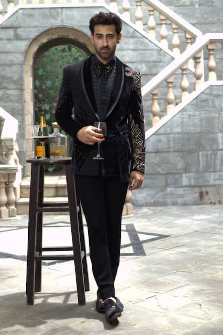 Courtyard By Abhi Black Velvet, Silk Beads, Zari Embroidered Tuxedo Set 
