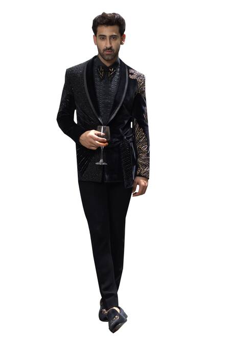 Courtyard By Abhi Black Velvet, Silk Beads, Zari Embroidered Tuxedo Set Online at Aza Fashions Courtyard By Abhi_Black Velvet, Silk Beads, Zari Embroidered Tuxedo Set _Online_at_Aza_Fashions