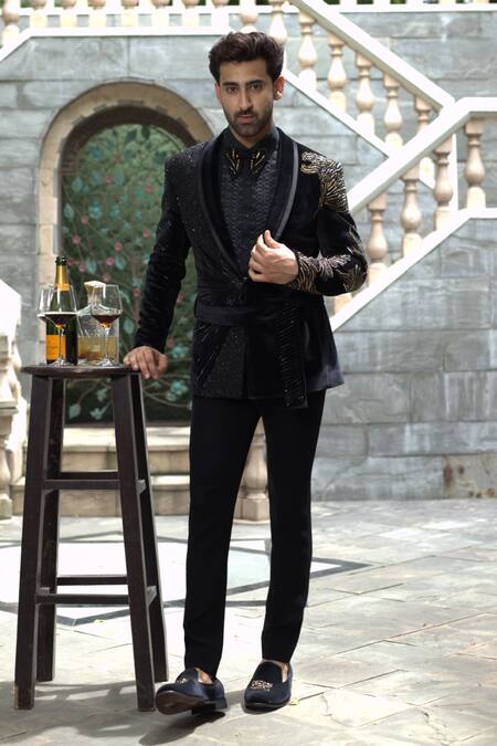 Buy_Courtyard By Abhi_Black Velvet, Silk Beads, Zari Embroidered Tuxedo Set _Online_at_Aza_Fashions