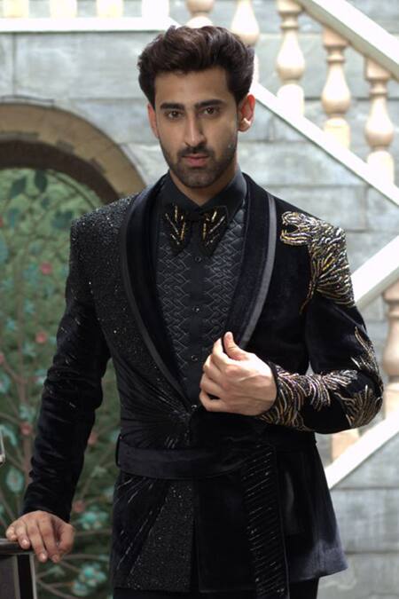 Shop Courtyard By Abhi Black Velvet, Silk Beads, Zari Embroidered Tuxedo Set Online at Aza Fashions Shop_Courtyard By Abhi_Black Velvet, Silk Beads, Zari Embroidered Tuxedo Set _Online_at_Aza_Fashions