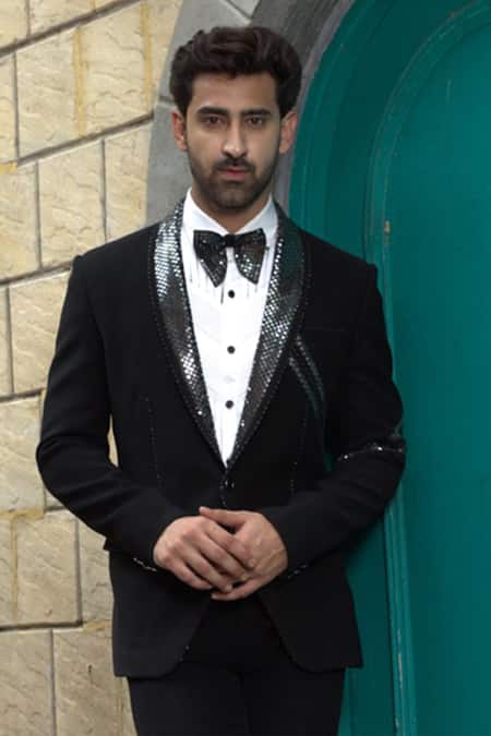 Courtyard By Abhi_Black Jacquard, Lycra, Cotton, Jersey Sequins, Metallic Checkered Tuxedo Set _Online_at_Aza_Fashions