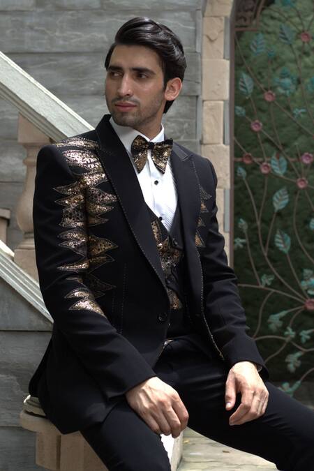 Buy_Courtyard By Abhi_Black Lycra Sequins Embellished Tuxedo Trouser Set _Online_at_Aza_Fashions
