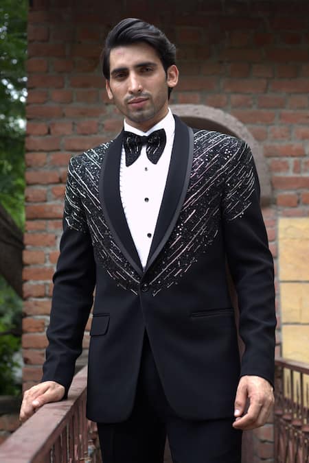 Buy_Courtyard By Abhi_Black Lycra Sequins, Beads Gradient Embellished Tuxedo Trouser Set _Online_at_Aza_Fashions