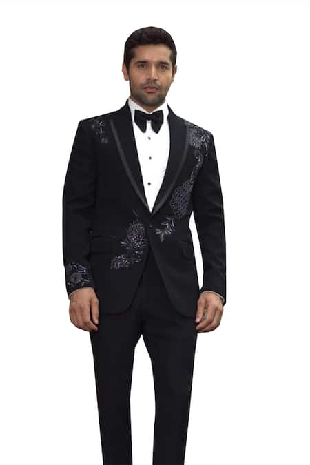 Courtyard By Abhi Black Jacquard, Jersey, Lycra, Cotton Sequins, Embellished Peacock Tuxedo Set Online at Aza Fashions Courtyard By Abhi_Black Jacquard, Jersey, Lycra, Cotton Sequins, Embellished Peacock Tuxedo Set _Online_at_Aza_Fashions