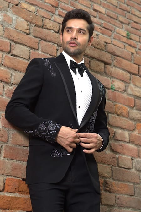 Shop_Courtyard By Abhi_Black Jacquard, Jersey, Lycra, Cotton Sequins, Embellished Peacock Tuxedo Set _Online_at_Aza_Fashions