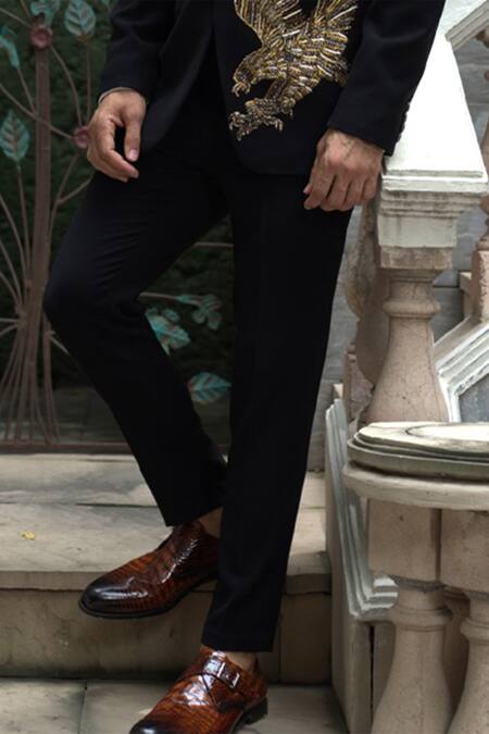 Courtyard By Abhi Black Lycra Sequins, Beads Bird Embellished Tuxedo Trouser Set Online at Aza Fashions Courtyard By Abhi_Black Lycra Sequins, Beads Bird Embellished Tuxedo Trouser Set _Online_at_Aza_Fashions