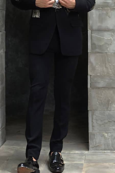 Courtyard By Abhi_Black Jersey, Lycra Sequins Gradient Embellished Tuxedo Trouser Set _Online_at_Aza_Fashions