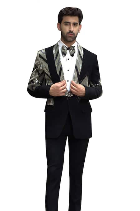 Buy_Courtyard By Abhi_Black Jersey, Lycra Sequins Gradient Embellished Tuxedo Trouser Set _Online_at_Aza_Fashions
