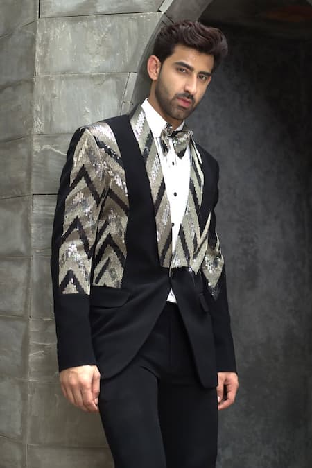 Shop_Courtyard By Abhi_Black Jersey, Lycra Sequins Gradient Embellished Tuxedo Trouser Set _Online_at_Aza_Fashions