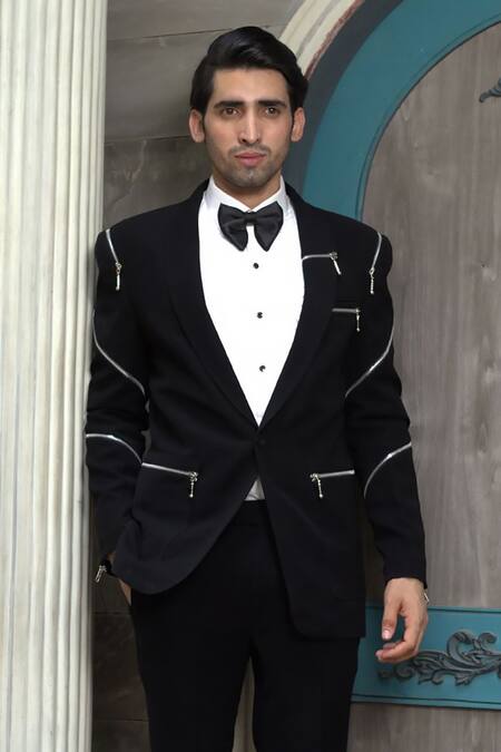 Courtyard By Abhi Black Jacquard, Lycra Zari Zipper Embellished Tuxedo Trouser Set Online at Aza Fashions Courtyard By Abhi_Black Jacquard, Lycra Zari Zipper Embellished Tuxedo Trouser Set _Online_at_Aza_Fashions