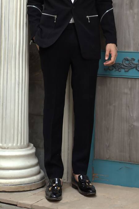 Buy Courtyard By Abhi Black Jacquard, Lycra Zari Zipper Embellished Tuxedo Trouser Set Online at Aza Fashions Buy_Courtyard By Abhi_Black Jacquard, Lycra Zari Zipper Embellished Tuxedo Trouser Set _Online_at_Aza_Fashions