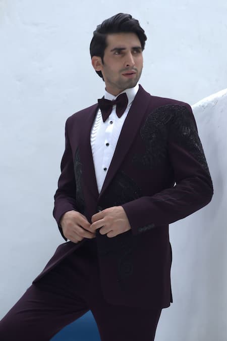 Courtyard By Abhi Bead Embellished Wine Tuxedo Set 