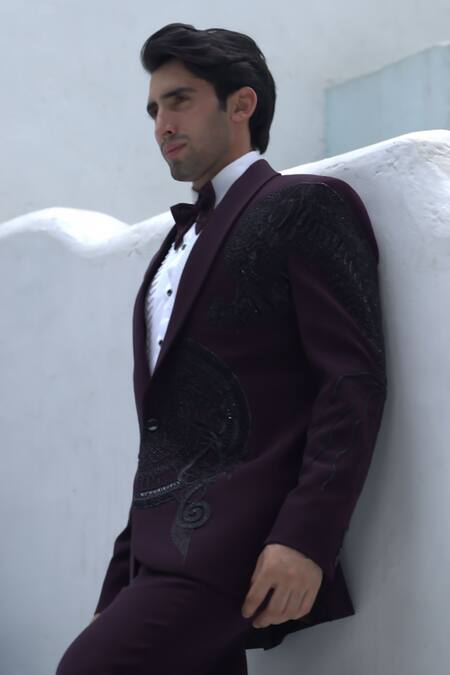 Courtyard By Abhi_White Lycra, Jacquard, Jersey Beads Embellished Wine Tuxedo Set _Online_at_Aza_Fashions