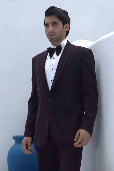 Buy_Courtyard By Abhi_White Lycra, Jacquard, Jersey Beads Embellished Wine Tuxedo Set _Online_at_Aza_Fashions