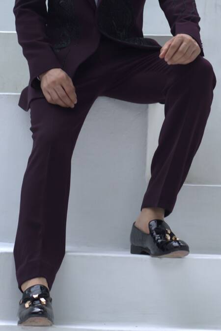 Shop_Courtyard By Abhi_White Lycra, Jacquard, Jersey Beads Embellished Wine Tuxedo Set _Online_at_Aza_Fashions