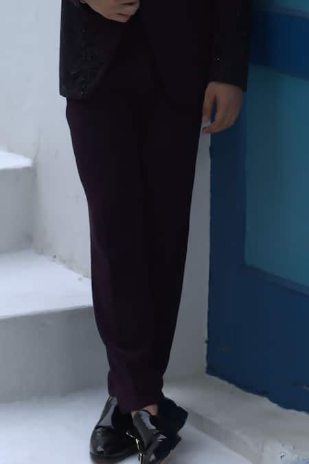 Courtyard By Abhi_Wine Jersey, Jacquard, Lycra Beads Floral Embellished Tuxedo Trouser Set _Online_at_Aza_Fashions