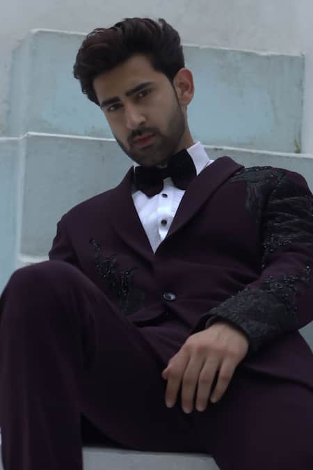 Buy_Courtyard By Abhi_Wine Jersey, Jacquard, Lycra Beads Floral Embellished Tuxedo Trouser Set _Online_at_Aza_Fashions