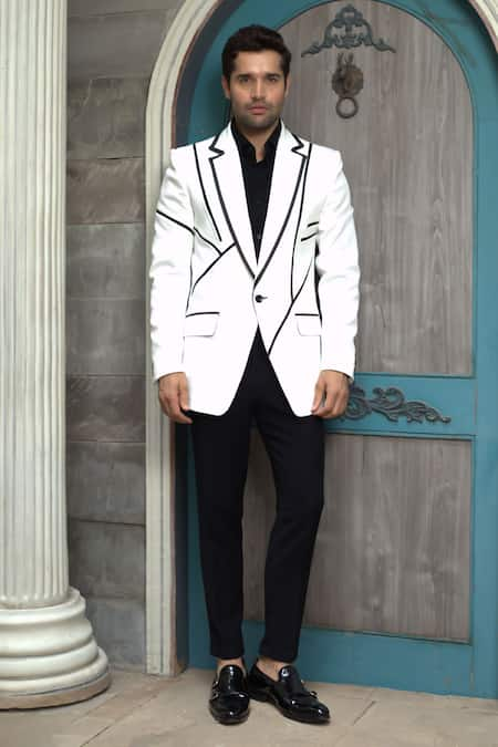 Courtyard by abhi White Japenese Lycra Stripe Pattern Tuxedo Trouser Set 