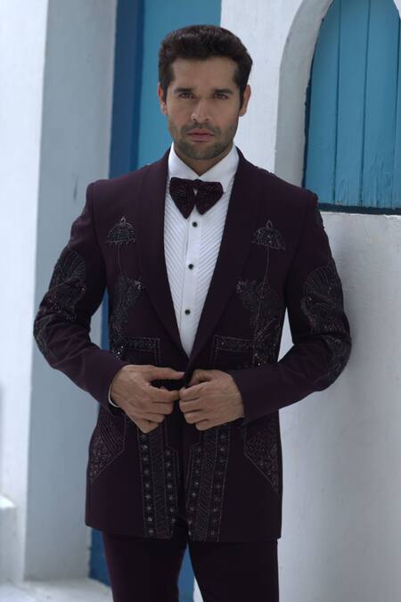 Courtyard By Abhi_Wine Jacquard, Jersey Beads Mystic Embellished Tuxedo Trouser Set _Online_at_Aza_Fashions