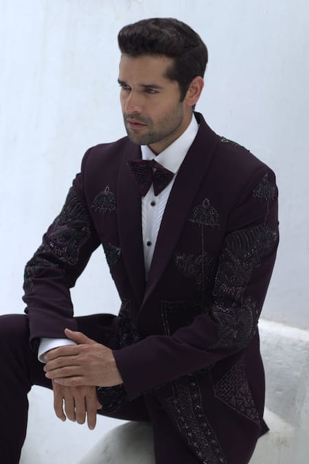 Buy_Courtyard By Abhi_Wine Jacquard, Jersey Beads Mystic Embellished Tuxedo Trouser Set _Online_at_Aza_Fashions