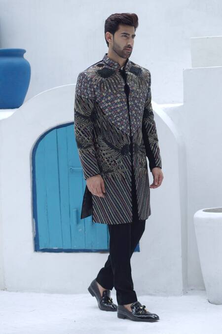 Courtyard By Abhi_Black Lycra Embroidery Astron Sherwani With Trouser _Online_at_Aza_Fashions