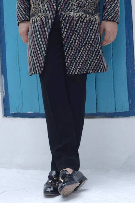 Buy Courtyard By Abhi Black Lycra Embroidery Astron Sherwani With Trouser Online at Aza Fashions Buy_Courtyard By Abhi_Black Lycra Embroidery Astron Sherwani With Trouser _Online_at_Aza_Fashions