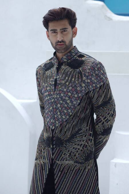 Courtyard By Abhi_Black Lycra Embroidery Astron Sherwani With Trouser _at_Aza_Fashions