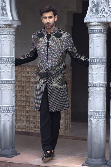 Buy_Courtyard By Abhi_Black Lycra Embroidery Astron Sherwani With Trouser 