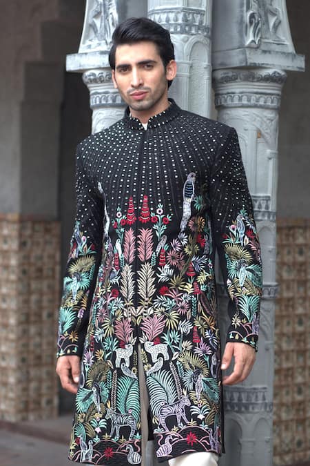 Courtyard By Abhi_Black Lycra Mirrors, Embroidery Tropical Safari Sherwani With Trouser _Online_at_Aza_Fashions