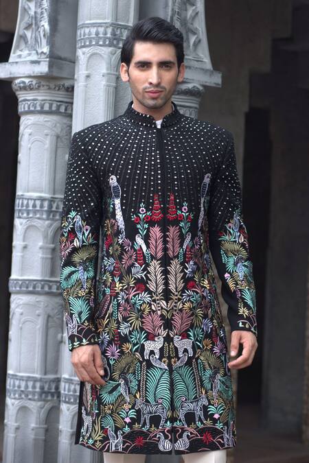 Buy_Courtyard By Abhi_Black Lycra Mirrors, Embroidery Tropical Safari Sherwani With Trouser _Online_at_Aza_Fashions