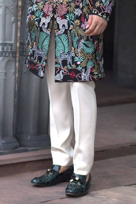 Shop_Courtyard By Abhi_Black Lycra Mirrors, Embroidery Tropical Safari Sherwani With Trouser _Online_at_Aza_Fashions