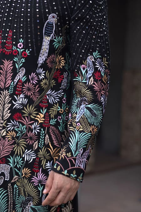 Courtyard By Abhi_Black Lycra Mirrors, Embroidery Tropical Safari Sherwani With Trouser _at_Aza_Fashions