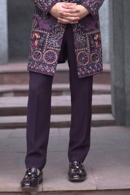 Courtyard By Abhi Purple Lycra Embroidery Arabian Dream Sherwani With Trouser Online at Aza Fashions Courtyard By Abhi_Purple Lycra Embroidery Arabian Dream Sherwani With Trouser _Online_at_Aza_Fashions