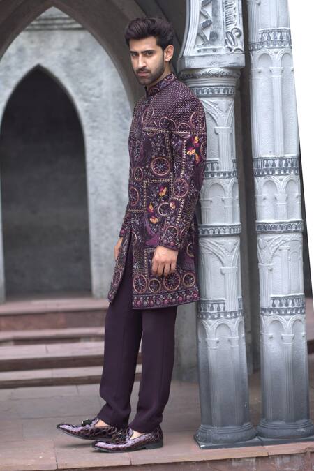 Buy_Courtyard By Abhi_Purple Lycra Embroidery Arabian Dream Sherwani With Trouser _Online_at_Aza_Fashions