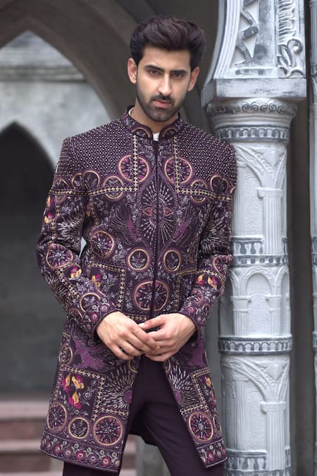 Shop_Courtyard By Abhi_Purple Lycra Embroidery Arabian Dream Sherwani With Trouser _Online_at_Aza_Fashions
