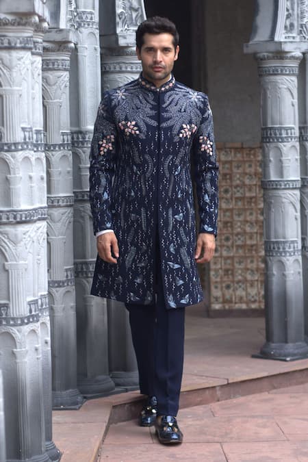Courtyard By Abhi Black Lycra Embroidery Midnight Jungle Sherwani With Trouser 