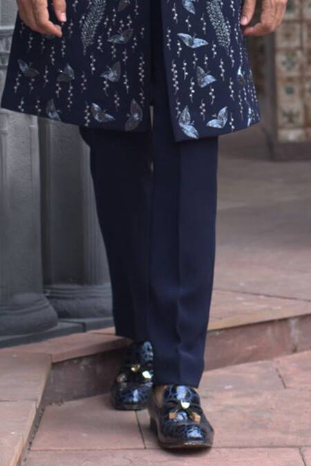 Courtyard By Abhi Black Lycra Embroidery Midnight Jungle Sherwani With Trouser Online at Aza Fashions Courtyard By Abhi_Black Lycra Embroidery Midnight Jungle Sherwani With Trouser _Online_at_Aza_Fashions