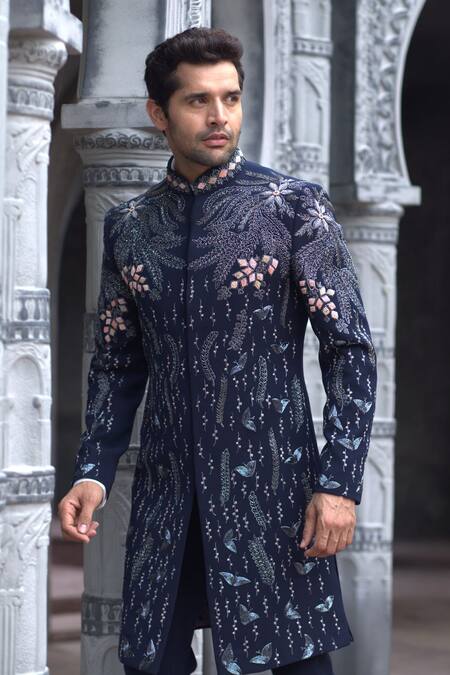 Buy_Courtyard By Abhi_Black Lycra Embroidery Midnight Jungle Sherwani With Trouser _Online_at_Aza_Fashions