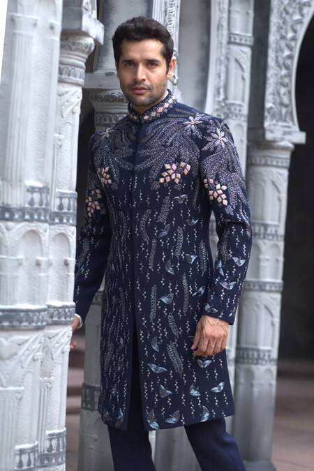Shop_Courtyard By Abhi_Black Lycra Embroidery Midnight Jungle Sherwani With Trouser _Online_at_Aza_Fashions
