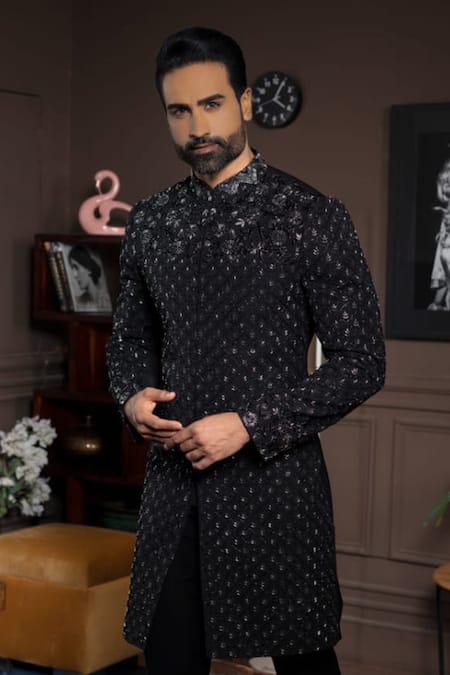 Shop Courtyard By Abhi Black Lycra Embroidery Stellar Bloom Sherwani With Trouser at Aza Fashions Shop_Courtyard By Abhi_Black Lycra Embroidery Stellar Bloom Sherwani With Trouser _at_Aza_Fashions