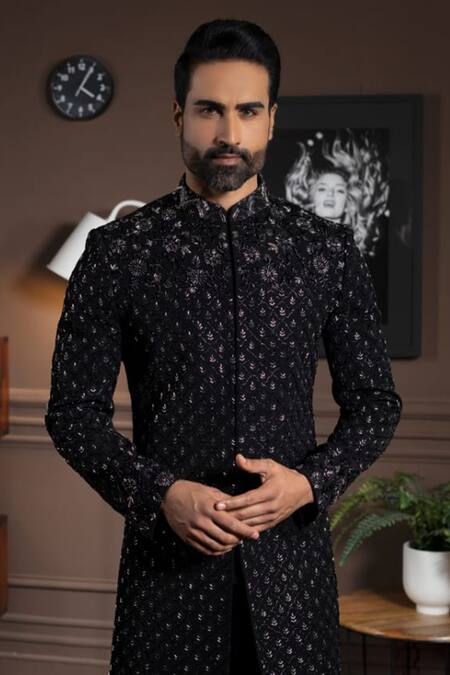Courtyard By Abhi Black Lycra Embroidery Stellar Bloom Sherwani With Trouser Online at Aza Fashions Courtyard By Abhi_Black Lycra Embroidery Stellar Bloom Sherwani With Trouser _Online_at_Aza_Fashions