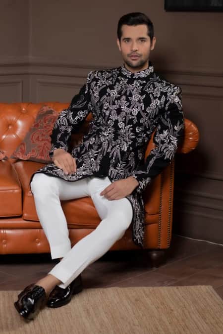 Shop Courtyard By Abhi Black Lycra Embroidery Wildflower Sherwani With Trouser at Aza Fashions Shop_Courtyard By Abhi_Black Lycra Embroidery Wildflower Sherwani With Trouser _at_Aza_Fashions